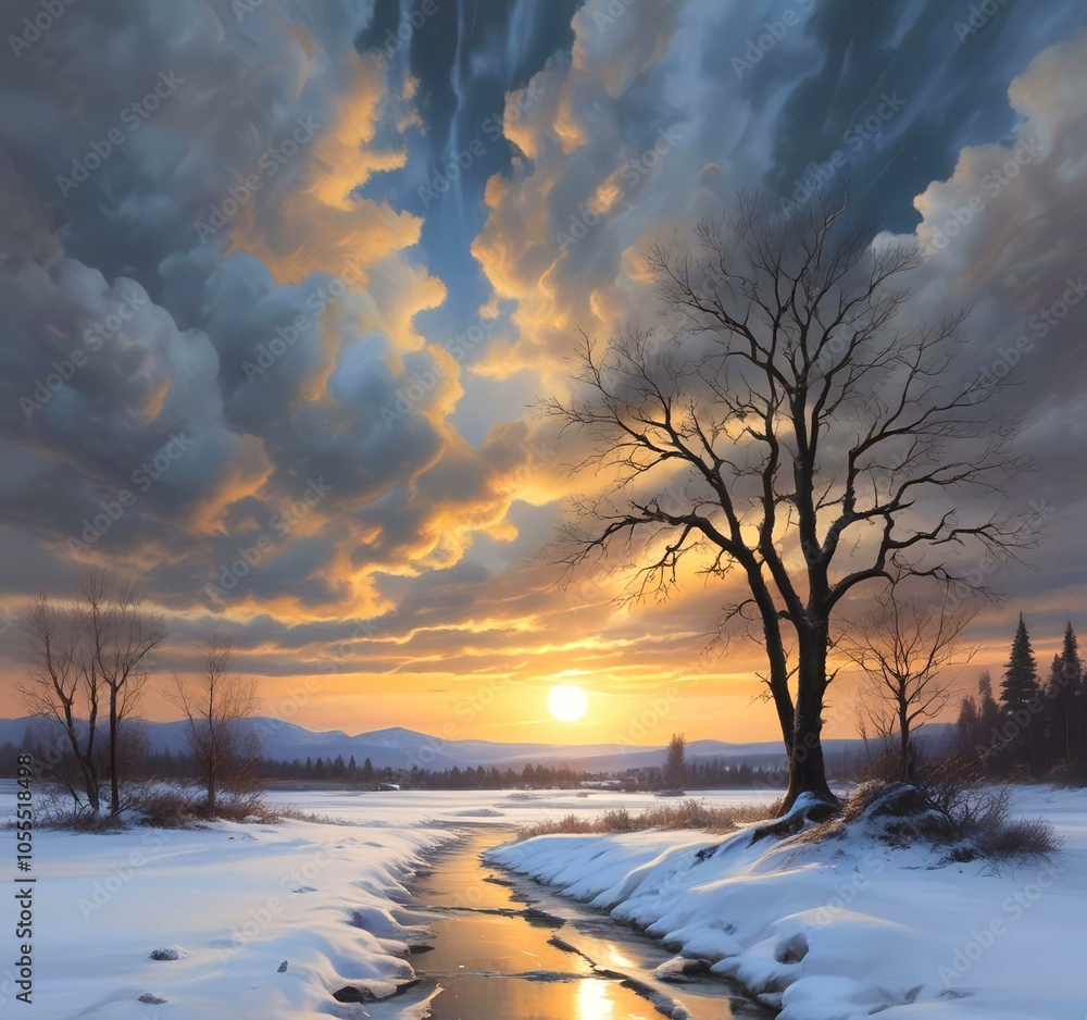 Illustration of winter season with sunrise. Illustration of winter season with sunrise.