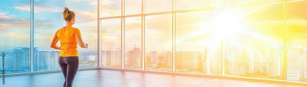 A determined person exercising in a bright morning setting A determined person exercising in a bright morning setting