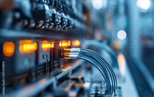 Close-up of network cables connected to a server in a data center. photo