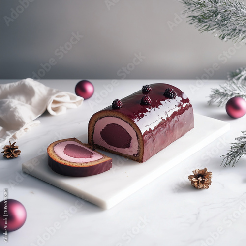 Buche revisitée à la mousse fruits rouges, mûres et framboises sur fond blanc avec décoration de Noël, dessert de fête à manger en famille à la fin d'année, pâtisserie de luxe photo