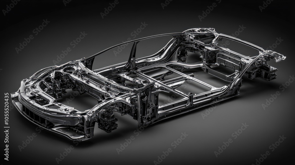 Digital rendering of robotic welding arms on car frame, representing automation in modern automotive industry. Digital rendering of robotic welding arms on car frame, representing automation in modern automotive industry.