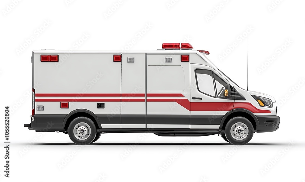 A side view of an emergency ambulance vehicle designed for medical transportation. A side view of an emergency ambulance vehicle designed for medical transportation.