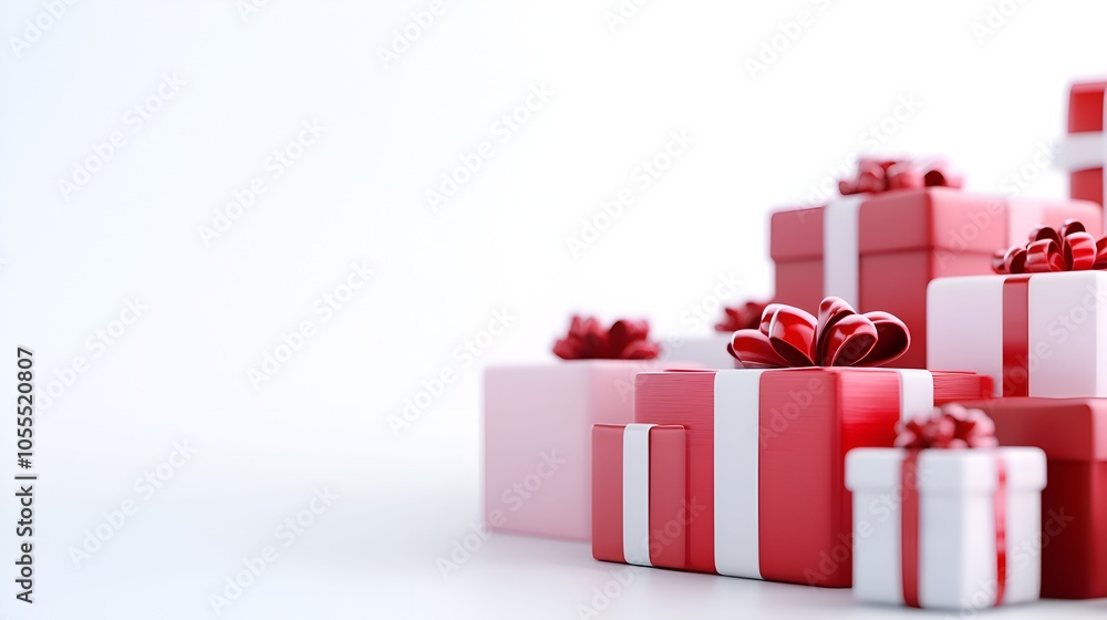 A stack of red and white boxes with a red bow on top A stack of red and white boxes with a red bow on top
