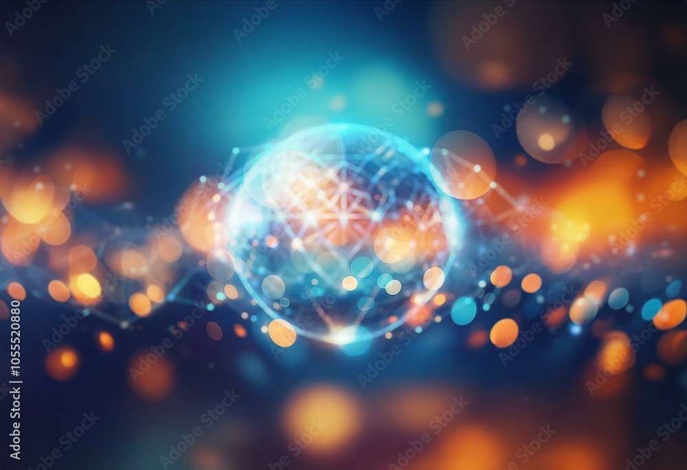 A glowing sphere surrounded by a network of interconnected lines and dots on a dark blue background. A glowing sphere surrounded by a network of interconnected lines and dots on a dark blue background.