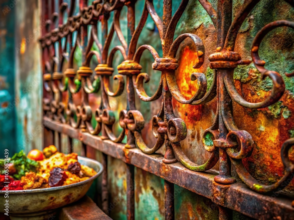 Rusted Iron Barrier with Intricate Patterns - Captivating Food Photography Scene