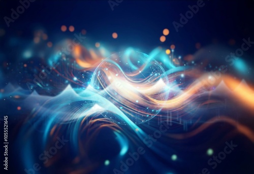 Abstract wavy lines of blue and orange light shimmer with a dark background.