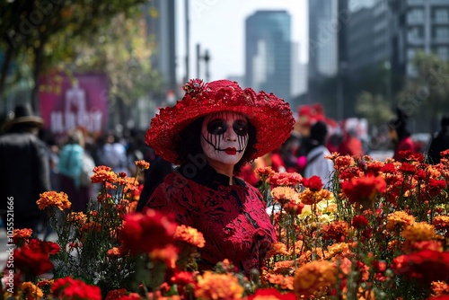 October 31, 2020. Mexico City, Mexico. A woman dressed as a catrina poses, disguised as a catrina in front of cempazuchitl flowers on Reforma avenue, Generative ai photo