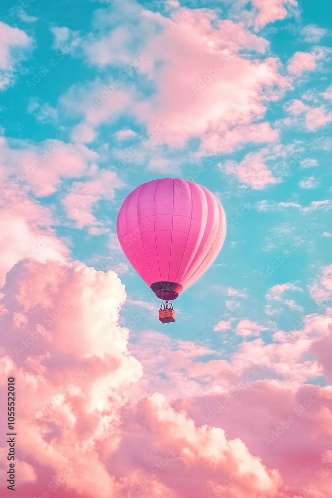 Fototapeta premium Hot Air Balloon Flying Through Cloudy Sky