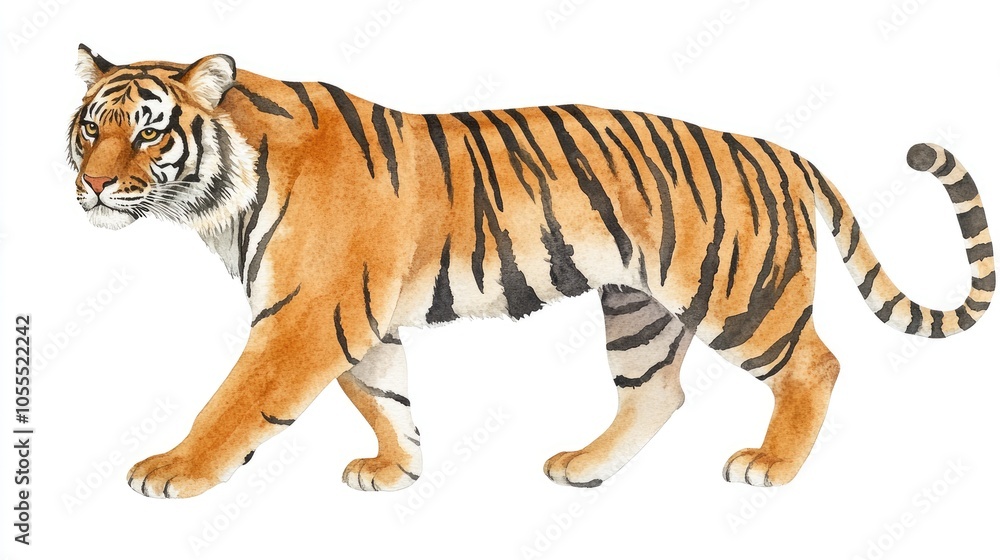 Obraz premium Fierce tiger watercolor illustration on a solid color background, with striking orange and black stripes.