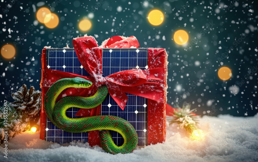 Fototapeta premium Christmas Solar Panel Gift with Snake: Solar panel with a large red bow, a playful green snake wrapped around it, set against a wintery backdrop with falling snow and holiday lights 