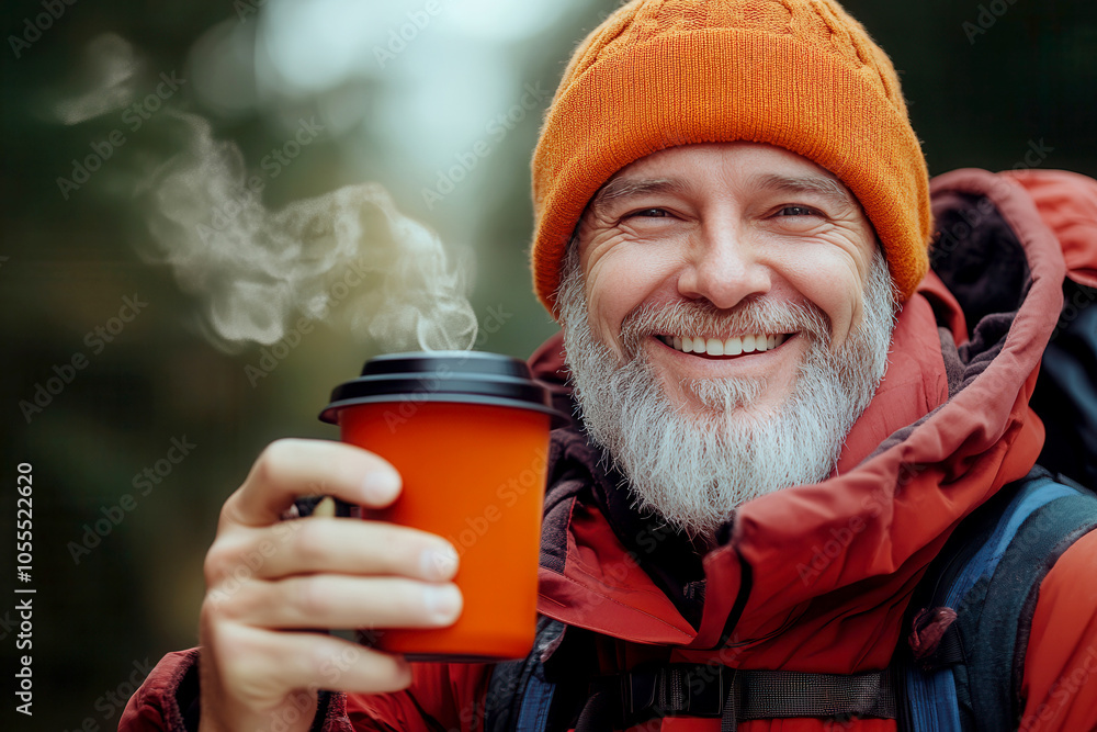 close up of Smiling bearded man enjoying hot drink during hiking outside in cold weather close up of Smiling bearded man enjoying hot drink during hiking outside in cold weather
