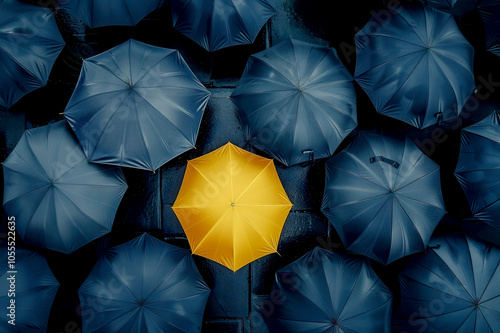 A single yellow umbrella stands out among many dark blue umbrellas photo