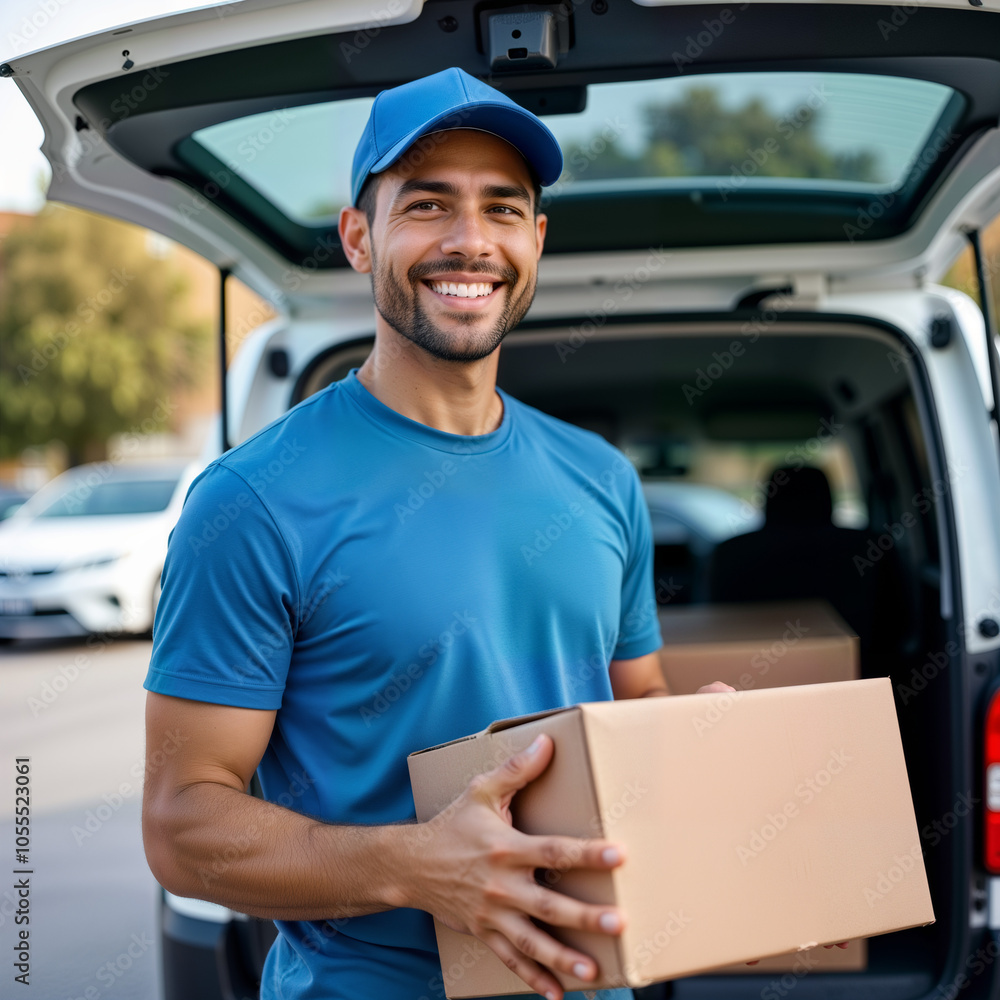 A friendly delivery man smiles while holding a cardboard box outside his van. This image is ideal for logistics, e-commerce, or delivery service promotions, showcasing reliability and customer service A friendly delivery man smiles while holding a cardboard box outside his van. This image is ideal for logistics, e-commerce, or delivery service promotions, showcasing reliability and customer service