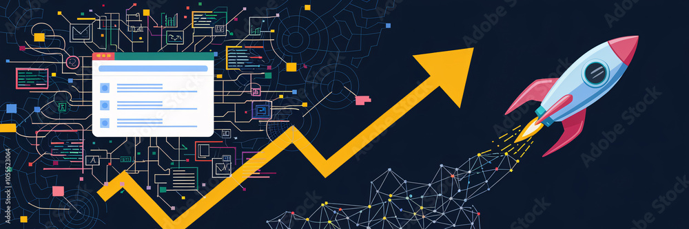 Futuristic SEO Concept with Rocket, Browser Interface, and Data Network Growth
