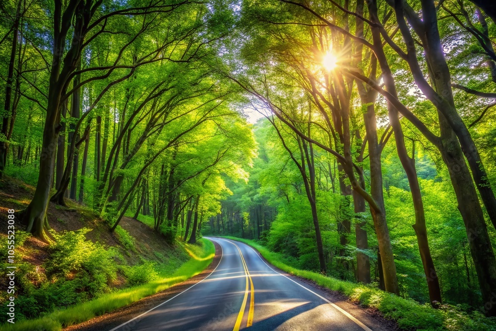 Obraz premium Scenic Road in the Woods with Lush Greenery and Sunlight Filtering Through Trees