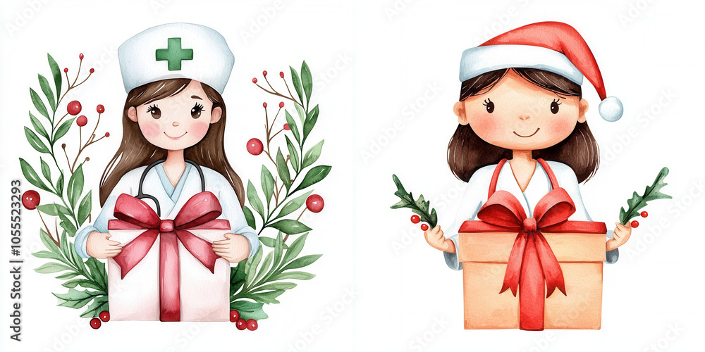 Fototapeta premium The image features two cartoon women: one as a nurse with a gift and the other as Santa, both adorned with festive elements and warm expressions.