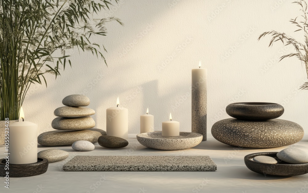 Mindfulness Meditation: A peaceful scene with candles, stones, and meditation elements arranged for relaxation, displayed on a clean surface Mindfulness Meditation: A peaceful scene with candles, stones, and meditation elements arranged for relaxation, displayed on a clean surface