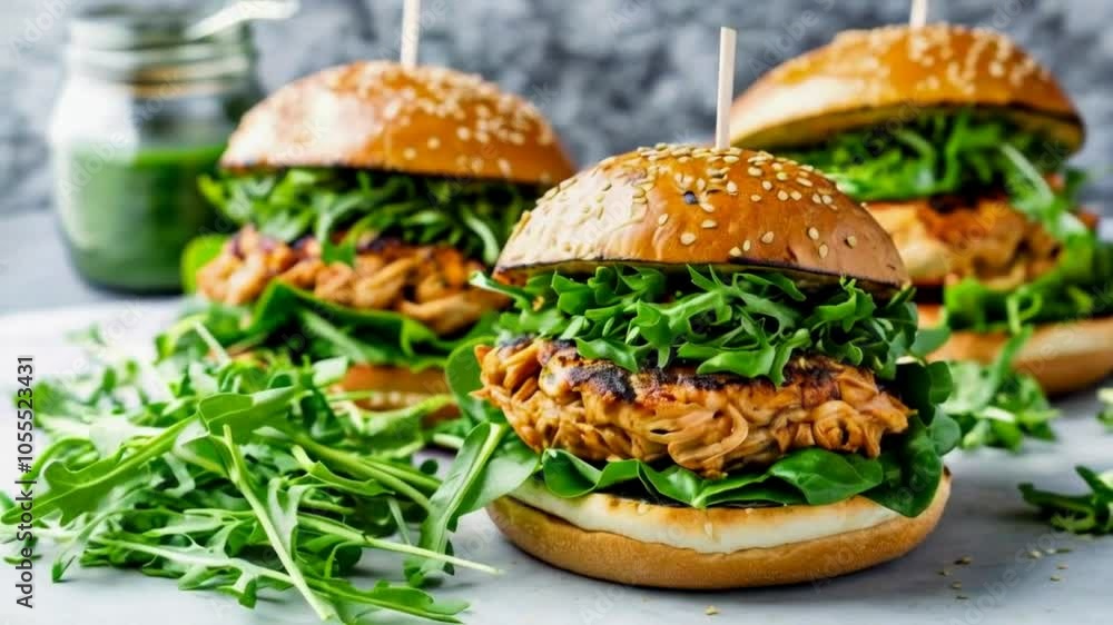 Arugula burgers are savory patties, often made with beef, topped with peppery arugula, cheese, and other toppings, served on a bun. Arugula burgers are savory patties, often made with beef, topped with peppery arugula, cheese, and other toppings, served on a bun.