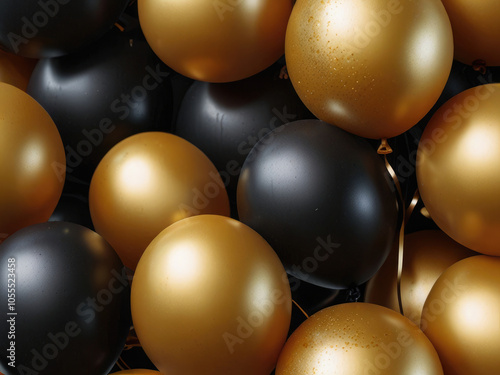 gold and black colored balloons isolated on white or transparent png 