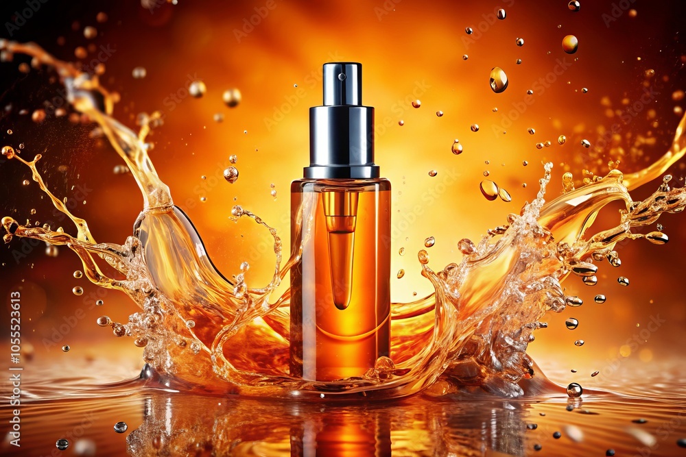 Stunning Macro Photography of a Cosmetic Orange Bottle with Water Splash, Highlighting Refreshing Beauty Products, Hydration, Skincare, and Vibrant Colors in a Captivating Scene Stunning Macro Photography of a Cosmetic Orange Bottle with Water Splash, Highlighting Refreshing Beauty Products, Hydration, Skincare, and Vibrant Colors in a Captivating Scene