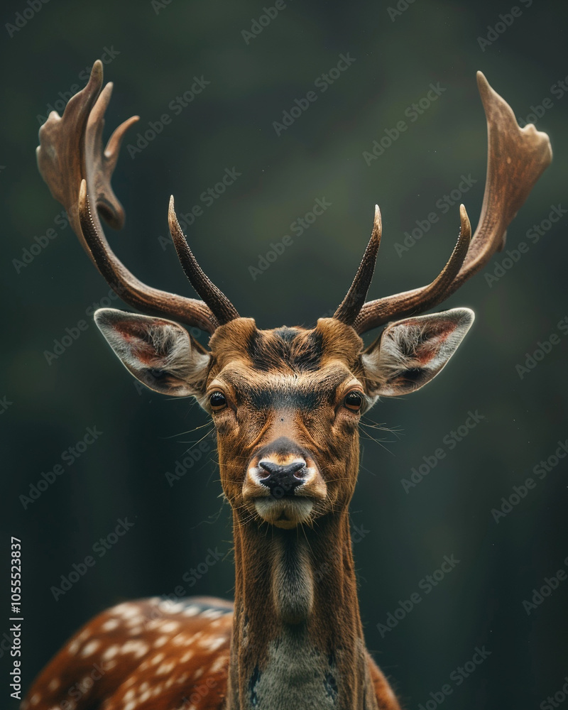Fototapeta premium A mesmerizing ultrarealistic portrait of a deer with grand antlers, bathed in soft shadows. The dark background enhances its grace and power, making it an ideal wildlife-inspired artwork.