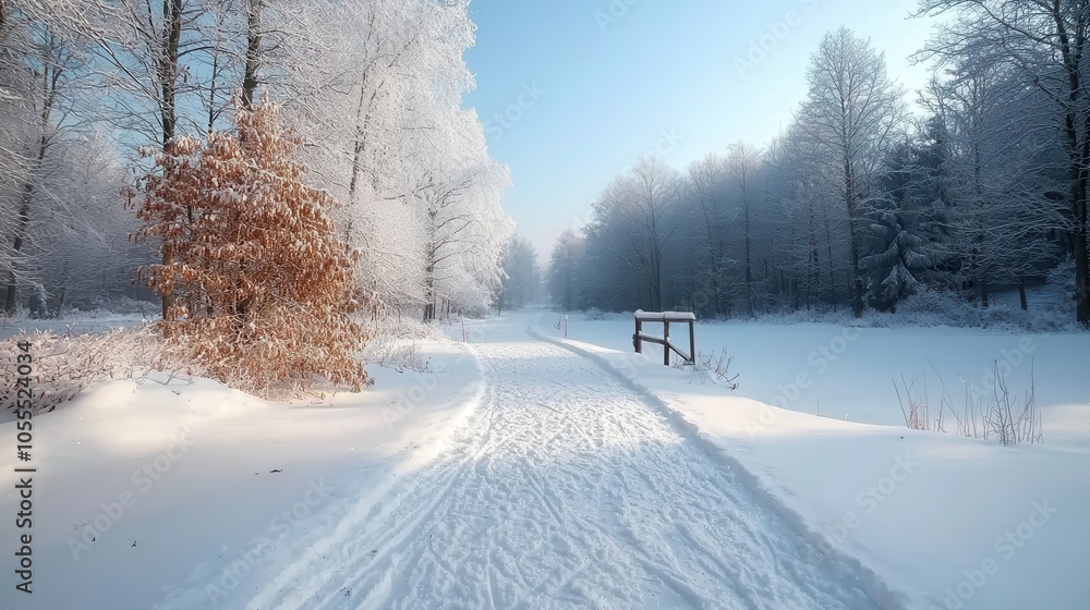 Fototapeta premium Snowy Path through a Misty Forest Landscape