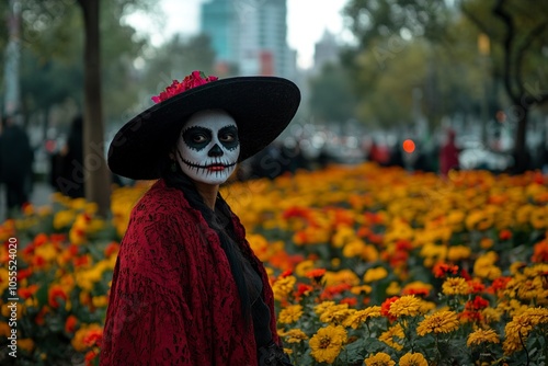 October 31, 2020. Mexico City, Mexico. A woman dressed as a catrina poses, disguised as a catrina in front of cempazuchitl flowers on Reforma avenue, Generative ai photo