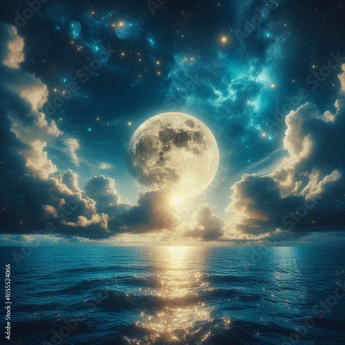 Romantic Moonlit Night: Starry Sky with Clouds Over Sparkling Blue Water photo