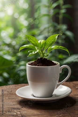 Green plant growing in white coffee cup on Wooden table, tranquil sense of calmness & connection with nature. botany leaf growth on indoor