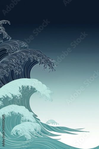 2D background with stylized, Japanese wave patterns in a subtle gradient from navy blue to light teal, creating a calm and refined design inspired by traditional Japanese art