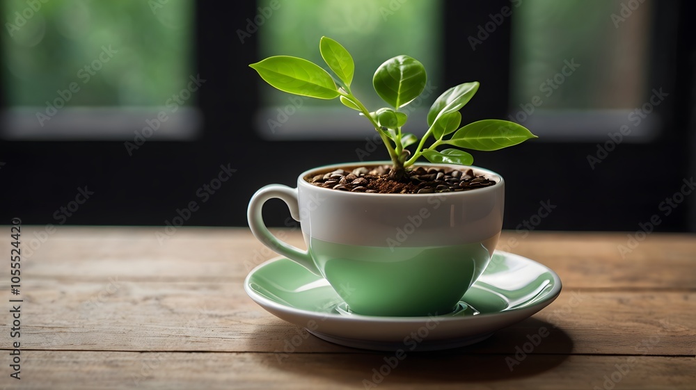 Green plant growing in white coffee cup on Wooden table, tranquil sense of calmness & connection with nature. botany leaf growth on indoor Green plant growing in white coffee cup on Wooden table, tranquil sense of calmness & connection with nature. botany leaf growth on indoor