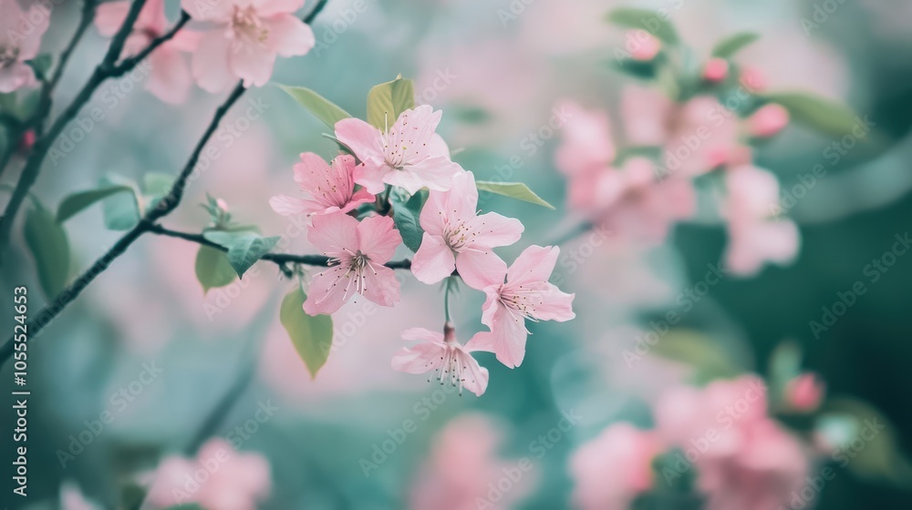 Pink blossoms on a branch with green leaves. Pink blossoms on a branch with green leaves.