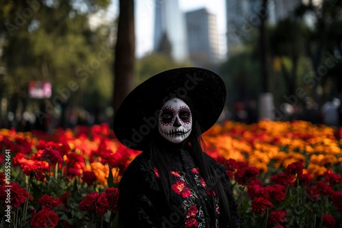 October 31, 2020. Mexico City, Mexico. A woman dressed as a catrina poses, disguised as a catrina in front of cempazuchitl flowers on Reforma avenue, Generative ai photo