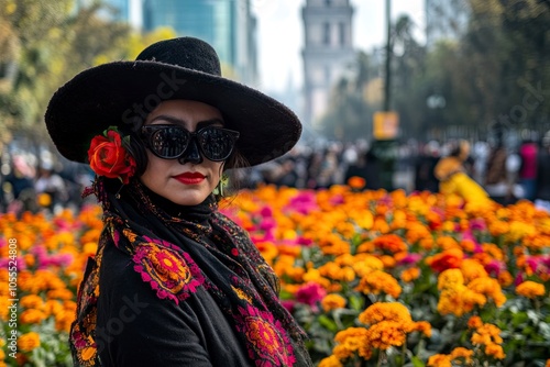 October 31, 2020. Mexico City, Mexico. A woman dressed as a catrina poses, disguised as a catrina in front of cempazuchitl flowers on Reforma avenue, Generative ai photo