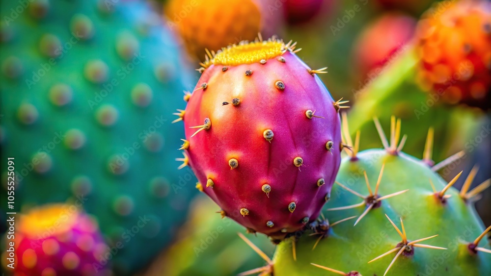 Close-up of a single prickly pear cactus fruit with vibrant colors and intricate details, detail, spines Close-up of a single prickly pear cactus fruit with vibrant colors and intricate details, detail, spines