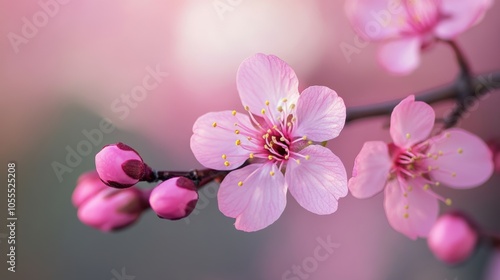 Pink cherry blossoms in bloom on a branch.