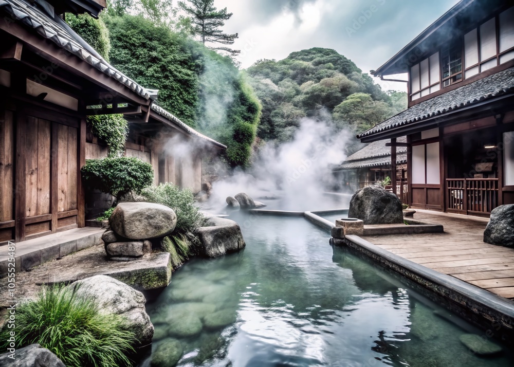 Serene Long Exposure of Traditional Japanese Onsen with Steam Rising from Natural Hot Spring Pools Serene Long Exposure of Traditional Japanese Onsen with Steam Rising from Natural Hot Spring Pools