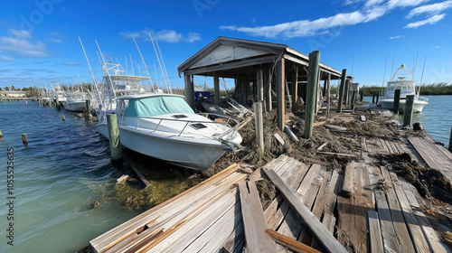 Damaged wooden dock with debris and moored boats under a clear blue sky, showing effects of a storm or flood on a waterfront area with deteriorated structure and scattered seaweed.