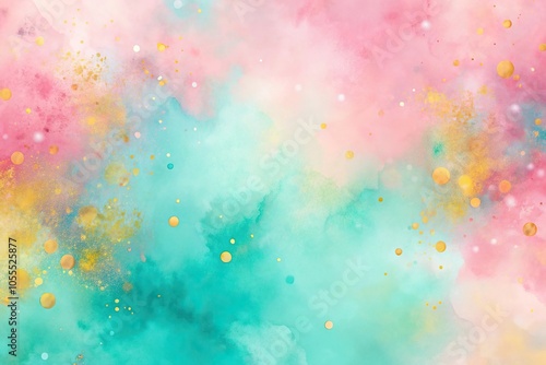 Dreamy pastel pink background with watercolor-style splashes of turquoise and yellow, ethereal, pastel pink