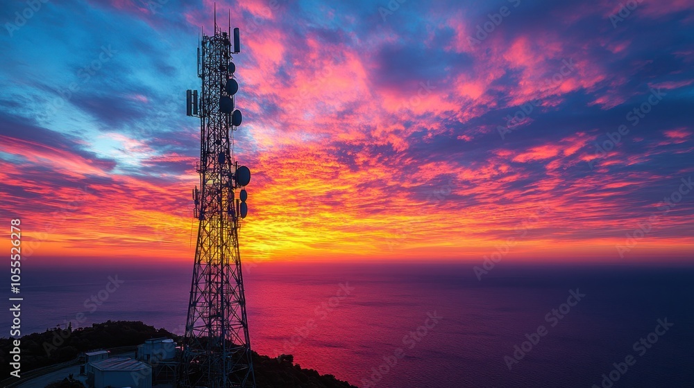 Naklejka premium Telecommunications Tower Silhouetted Against a Vibrant Sunset Over the Sea