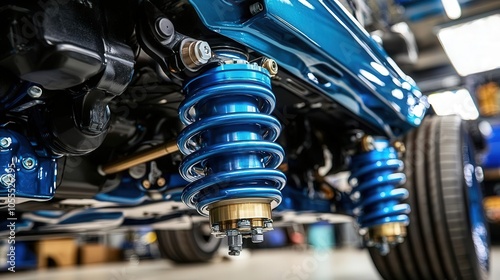 Close-up of blue shock absorber coil spring in automotive workshop.