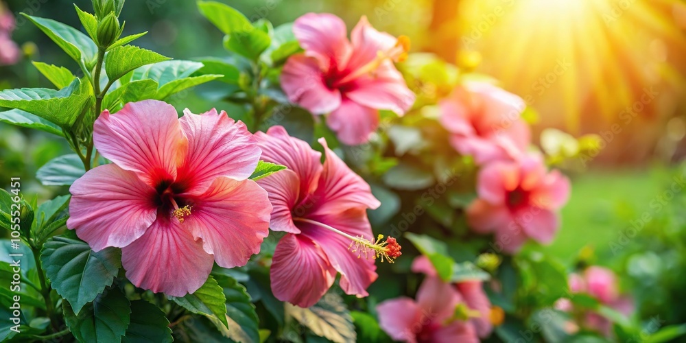 Hibiscus flower clusters growing on a vine with large leaves and green stems in a sunny garden, garden decor, large flowers, hibiscus plant, cluster of flowers Hibiscus flower clusters growing on a vine with large leaves and green stems in a sunny garden, garden decor, large flowers, hibiscus plant, cluster of flowers