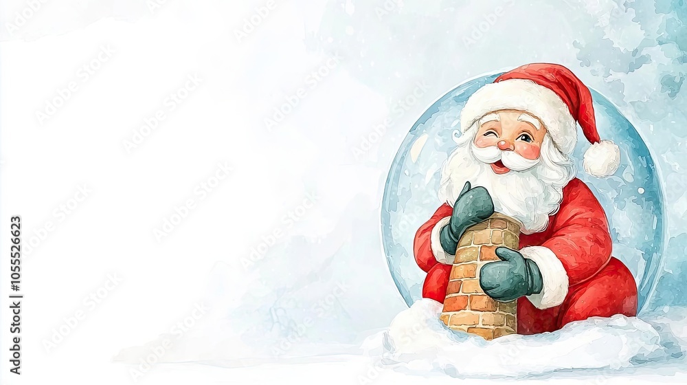 Santa climbing chimney snow globe, gentle snow, isolated on white background, watercolor style Santa climbing chimney snow globe, gentle snow, isolated on white background, watercolor style
