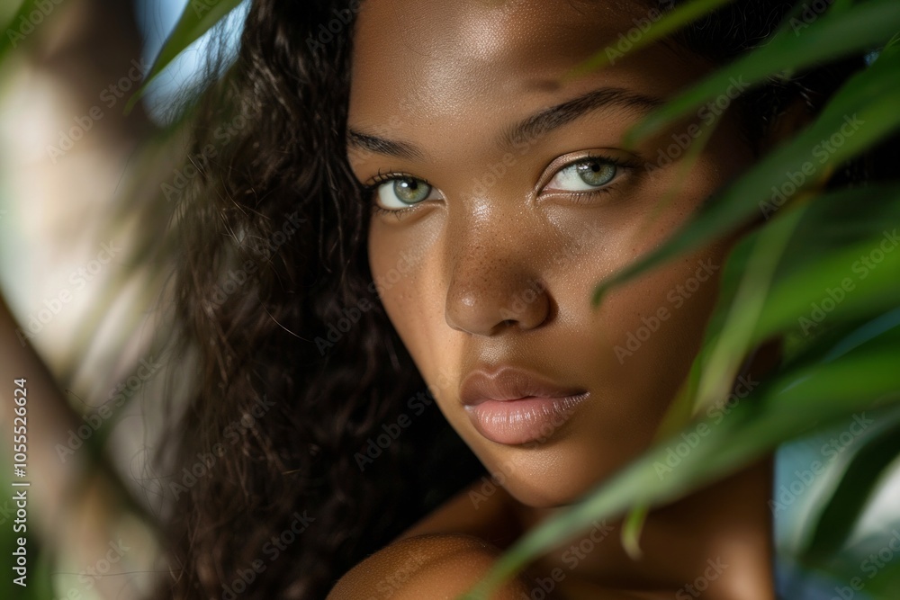 Amazing caribbean woman with curly hair and green eyes close up portrait. Neural network ai generated art Amazing caribbean woman with curly hair and green eyes close up portrait. Neural network ai generated art