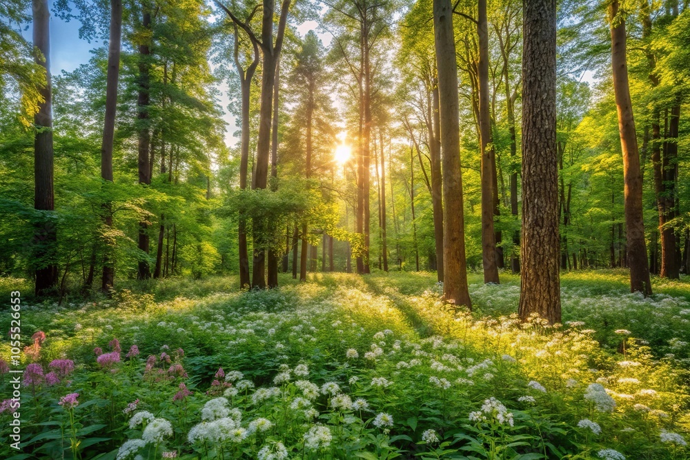 lush forest landscape with tall trees and wildflowers blooming in the underbrush on a warm summer day, natural beauty, greenery lush forest landscape with tall trees and wildflowers blooming in the underbrush on a warm summer day, natural beauty, greenery
