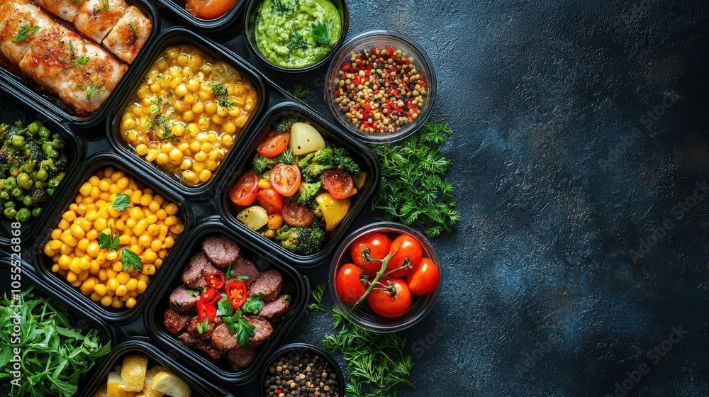 Colorful variety of healthy meal prep options in black containers on a dark surface. Colorful variety of healthy meal prep options in black containers on a dark surface.