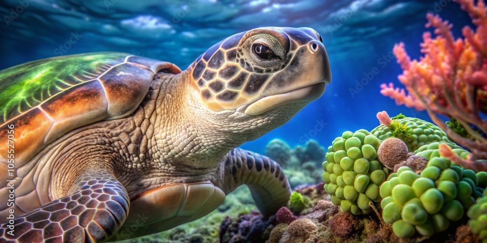 Obraz premium Serious Green Sea Turtle Portrait with Copy Space for Conservation Awareness