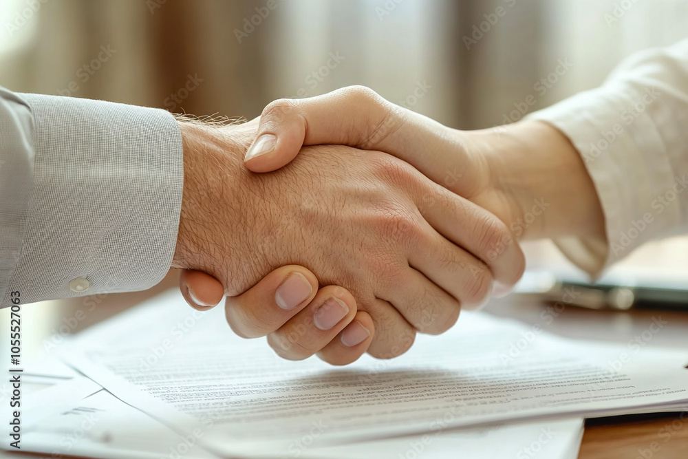 Business Handshake Over Contract Agreement, contract signing and professional collaboration in a corporate meeting, close-up of a successful business alliance