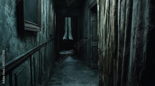 Dark, eerie hallway with worn walls and curtains, creating a haunting atmosphere.