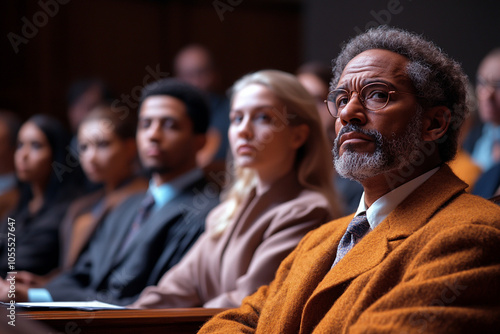 Jury in court, courtroom hearing in progress, people focused on trial